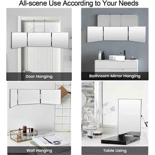 3 Way Mirror-360 Mirror for Self Hair Cutting, Adjustable & Foldable Trifold Barber Mirror with Telescoping Hooks, Barber Accessories for Men Shaving DIY Haircut Women Dyeing Makeup(Black Without LED)