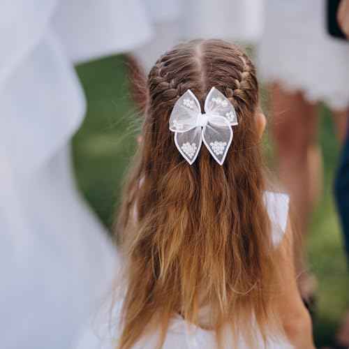 White Pearl Fable Hair Bow Clips for Flower Girls Wedding 4" Mesh Tulle Ribbon Shaker Bow Alligator Hairpins Toddlers Kids Pageant 1st Communion Party Dress Decor Accessory Gift