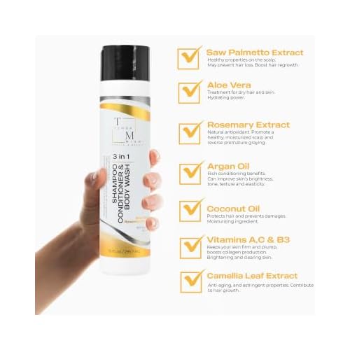 3 in 1 SHAMPOO/CONDITIONER/BODY WASH, with ALOE VERA, ARGAN & COCONUT OIL, ROSEMARY EXTRACT, CAMELLIA Leaf Extract, 10 FL oz.