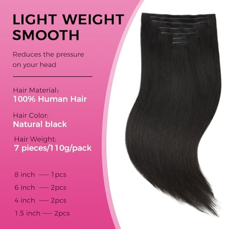 Lashey Genius Weft Seamless Clip in Hair Extensions Real Human Hair Natural Black Straight 16 Inch 7pcs 110g Handmade Thin Weft Clip ins for Women