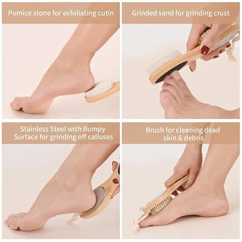 Pumice Stone Foot File 4 in 1 Double Sided Foot Cleaner Kit Pedicure Steel Files Sandpaper Pumice Stone Boar Bristle Bamboo Foot Scrub