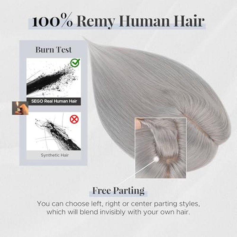 Human Hair Topper for Women with Thinning Hair, 4 Clips, Silk Base 3.94x4.72, No Front Bangs, 10 Inches Lengths, Grey Color, Achieve a Fuller, More Youthful Appearance