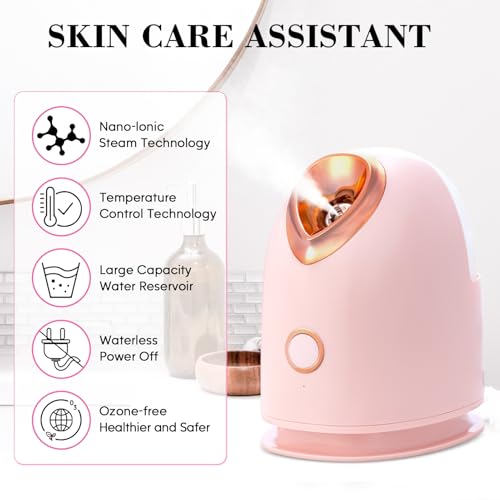 Face Steamer for Facial Deep Cleaning Unclogs Pores, Nano Ionic Warm Mist Humidifier Steamer for Face Home Sauna SPA, Bonus 4 Piece Stainless Steel Skin Kit, Gift for Women