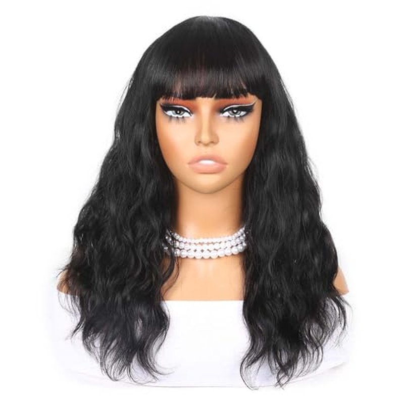 Human Hair Wigs Natural Wave Human Hair Wig with Bangs for Black Women 18 inches None Lace Front Wear and Go Glueless Human Hair Wig