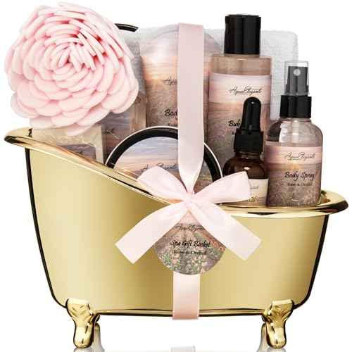 Spa Gift Baskets For Women - Luxury Bath Set With Rose Oil & Orchid - Spa Kit Includes Body Wash, Bubble Bath, Lotion, Body Butter, Soap, Body Spray, Shower Puff, and Towel