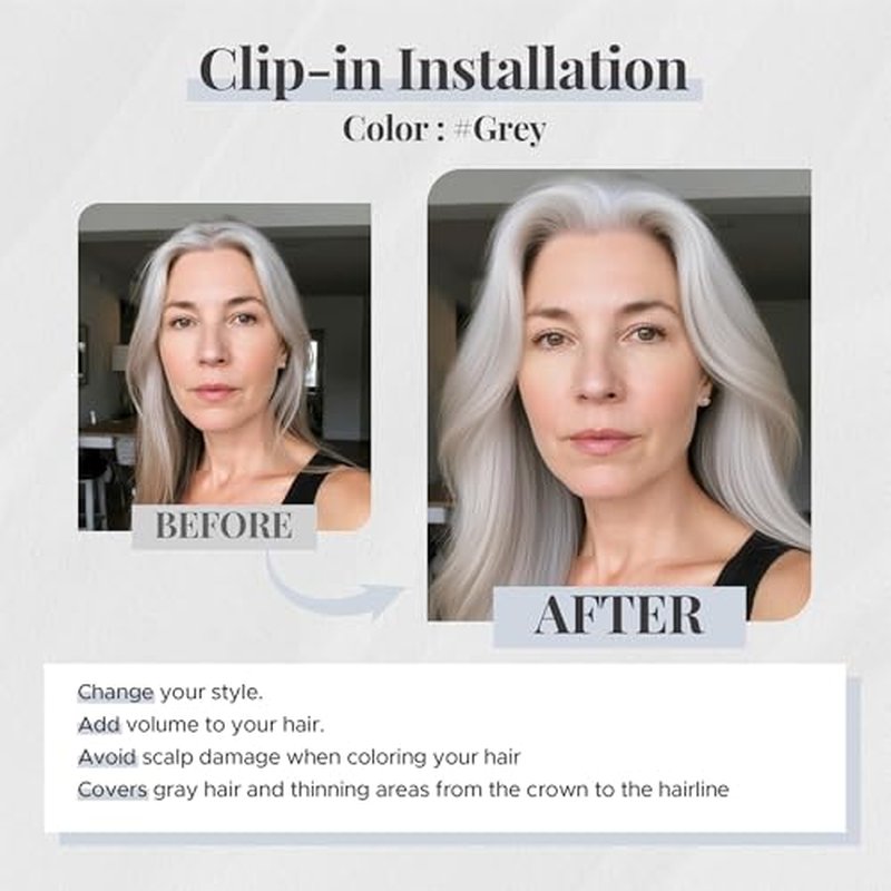 Human Hair Topper for Women with Thinning Hair, 4 Clips, Silk Base 3.94x4.72, No Front Bangs, 10 Inches Lengths, Grey Color, Achieve a Fuller, More Youthful Appearance
