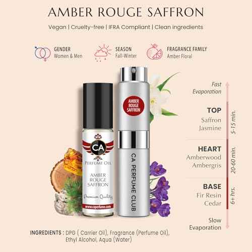 CA Perfume Duo Impression of Amber Rouge Saffron For Women and Men Fragrance Layering Set Bundle ? Eau De Parfum + Body Oil Roll-On Bottle (Set of 2, 0.27 Fl Oz + 0.33 Fl Oz)
