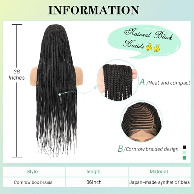 13x8 Inch HD Lace Front Cornrow Braided Wigs For Women Box Braid Wig With Baby Hair Back Lemonade Braids 36" Black Premium Synthetic Box Braided Wig Transparent Lace Front Braids Wigs