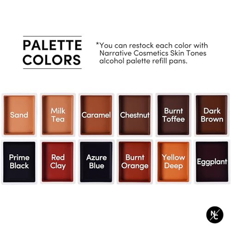 Narrative Cosmetics 12 Color Dark Flesh Tone Alcohol Activated Makeup Palette Kit - Includes Alcohol Activator and Moisturizing Remover - Waterproof Makeup for Professional Makeup Artists