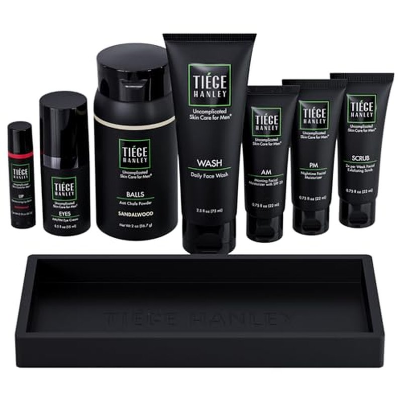 Tiege Hanley Skin Care Gift Box for Men, Gold Gifting Skincare Set With Face Wash, Exfoliating Scrub, AM & PM Moisturizer, Eye Cream, Lip Balm, & Anti Chafing Powder, Men¡¯s Skin Care, 8 Piece Set