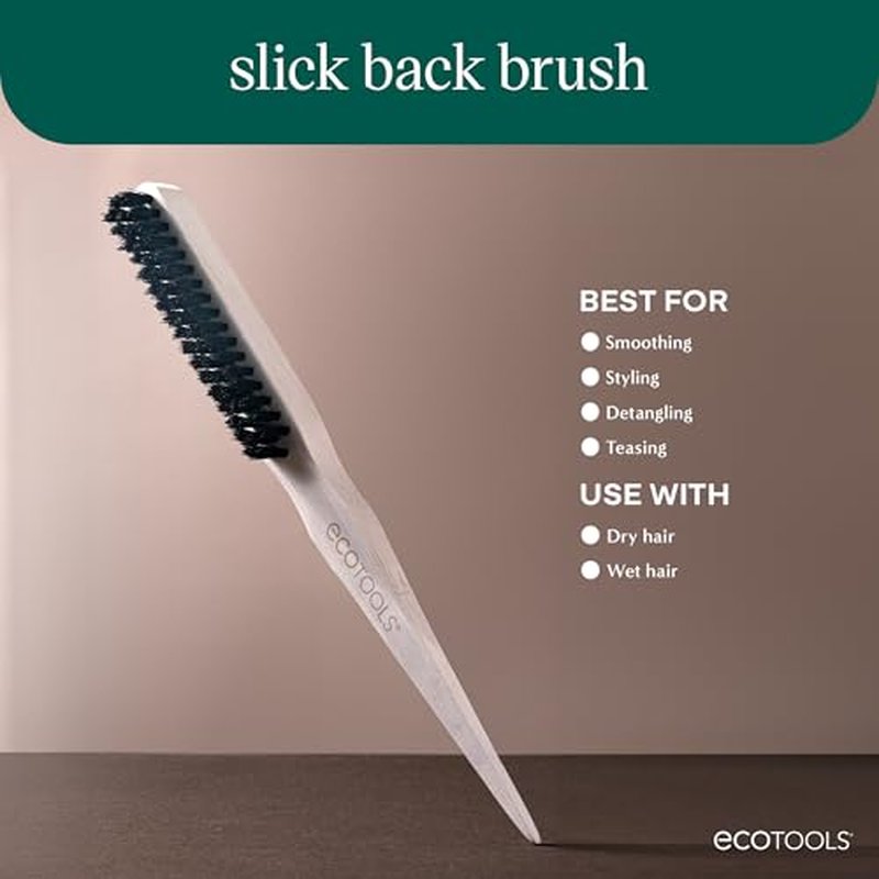 EcoTools Slick Back Hairbrush, Small Brush For The Perfect Ponytail Or Bun, Tease, Smooth, & Style Hair, Tame Frizz & Flyaways, Renewable Bamboo Handle & Vegan Boar Bristles, Cruelty-Free, 1 Count