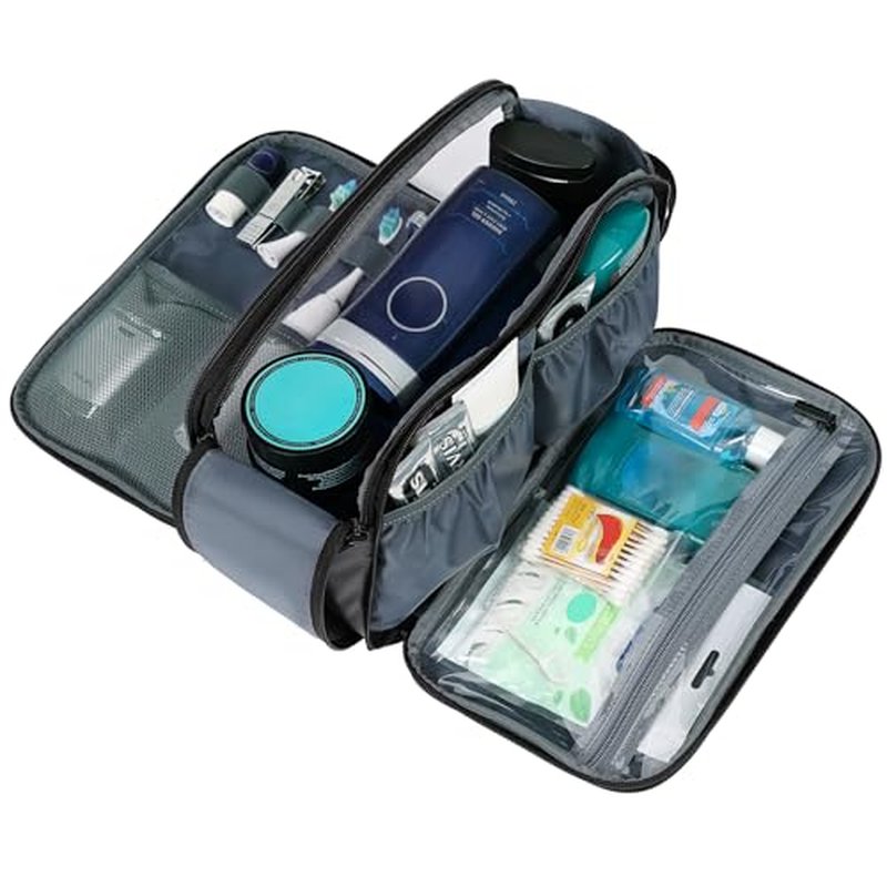 ZEEMO Travel Toiletry Bag for Men, Medium Water-Resistant Double-Sided Full-Open Dopp Kit, Versatile Organizer for Shower and Hygiene Accessories, Bathroom Essentials, Cosmetics, Large, Grey