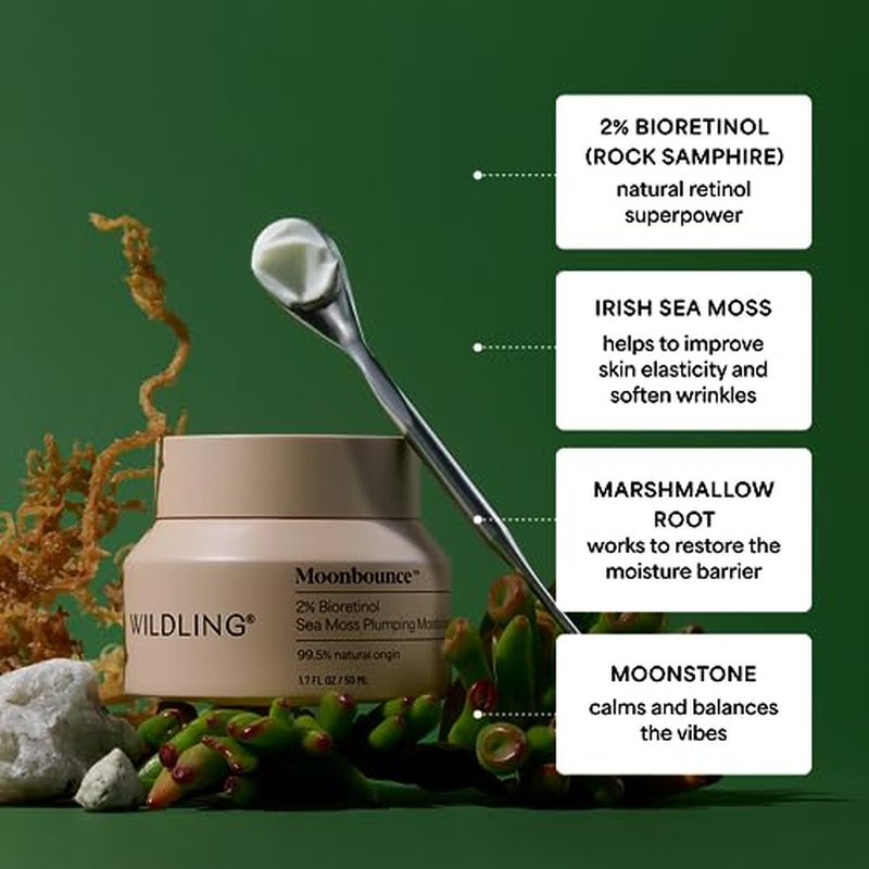 WILDLING Moonbounce 2% Bioretinol Plumping Moisturizer I Rock Samphire, Irish Sea Moss, Marshmallow Root, Moonstone I Hydrates, Boosts Elasticity, Firms I 99.5% Natural, Vegan, Cruelty Free (1.7fl oz)