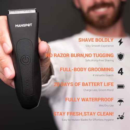 MANSPOT Manscape Groin & Body Hair Trimmer for Men, Electric Ball Pubic Trimmer Shaver,Manscape Kit with 4 Guard,Replaceable Ceramic Blade Heads,Waterproof Wet/Dry Shaver,90 Minutes Shaving