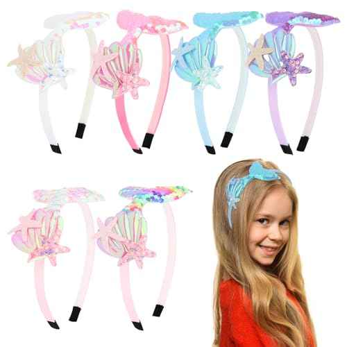 6Pcs Mermaid Headbands for Girls Fish Tail Hair Band for Women White Pink Blue Purple Light Pink Rainbow Multi-colored Headbands Seashell Ocean Theme Cute Headband