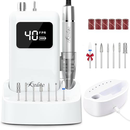 Kredioo Professional Nail Drill Brushless 40,000RPM Rechargeable 2-in-1 Portable Electric Nail File Ultra Silent Salon Must Haves Nail Tool Kit Removing Acylic Gels