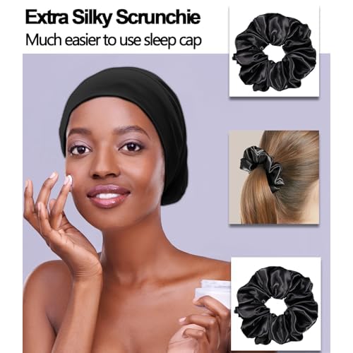 Sleep Cap Bonnet for Sleeping Black Women, Adjustable Cooling Ice Silk Lined Bonnet for Curly Braids Hair Cover Beanie Hat