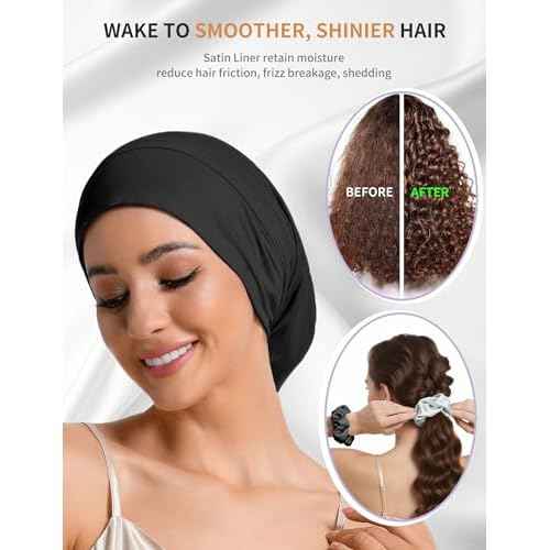 Satin Lined Bonnet for Sleeping Women Men - Adjustable Sleep Cap, Slouchy Beanie Hair Wrap for Curly Braid Locs