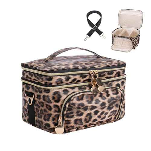 FITINI Double Layer Travel Leopard Makeup Bag,Extra Large Women Cosmetic Organizer Case,Skin Care Essentials Toiletries Bags with Shoulder Strap Waterproof Brush Storage with Removable Dividers