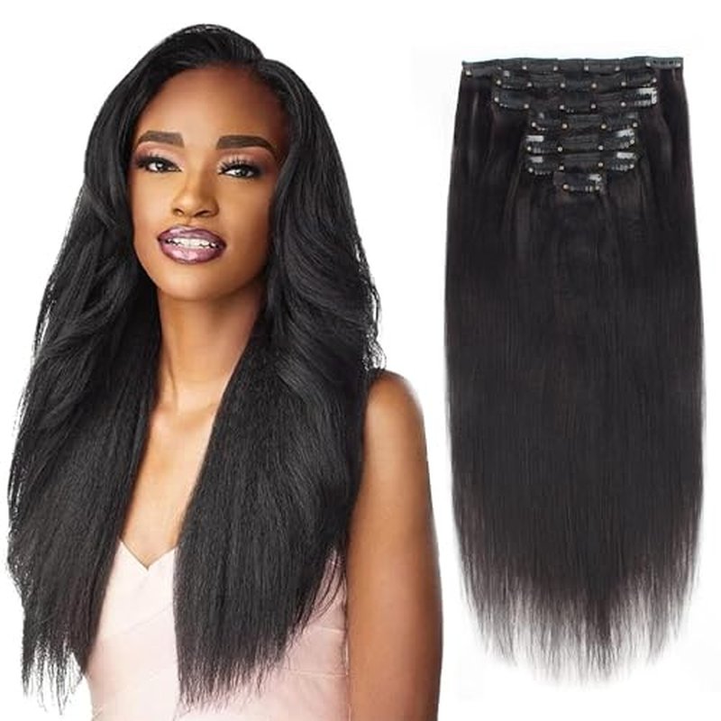 Lovrio Light Yaki Straight Clip in Human Hair Extensions Double Weft Straight Clip in Hair Extensions Human Hair for Black Real Thick 22 Inch Natural Black Yaki Clip ins Hair120G 7 Pieces, 17 Clips