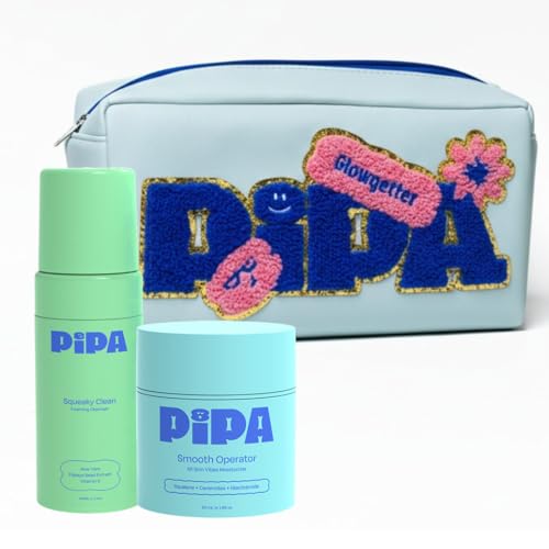 Pipa Skincare Daily Glow Bundle for Kids & Tweens ? Smooth Operator Moisturizer, Squeaky Clean Cleanser & Cute Pouch for Gentle, Hydrating, and Effective Daily Skincare - Kids Skin Care Gift Set
