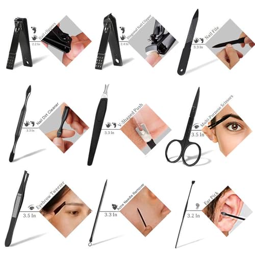 Manicure Set 9 in 1 Stainless Steel, Nail Clippers Scissors Pedicure Tools Kit - Portable Travel Grooming Kit for Men and Women with Black/Blue Leather Case (Blue)