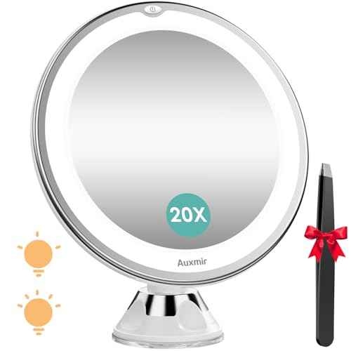 Auxmir 2025 Upgraded 20X Magnifying Mirror with Light, Makeup Mirror with 2-Level Lights, Vanity Mirror with Power Suction Cup and Tweezers, 360¡Æ Swivel, Portable Bathroom Mirror for Home Travel