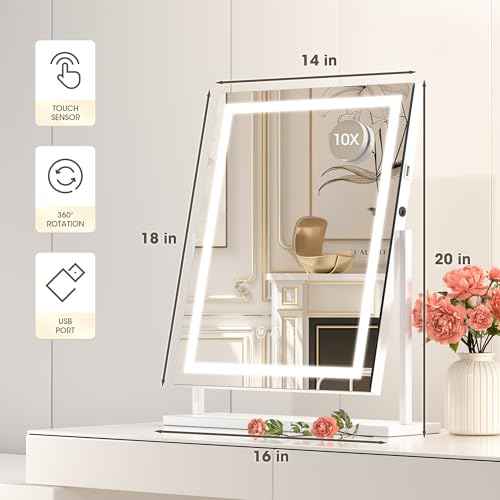 Hasipu Vanity Mirror with Lights, 16" x 20" LED Makeup Mirror, Light up Mirror with Smart Touch 3 Color Modes and Brightness Adjustment, 10X Magnifying Glass,360¡Æ Rotation