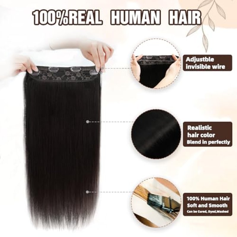 Invisible Wire Hair Extensions Real Human Hair - 22 Inch 95G Jet Black Transparent Fish Line Clip-Ins Hair Piece, 100% Remy Human Hair Extensions for Women