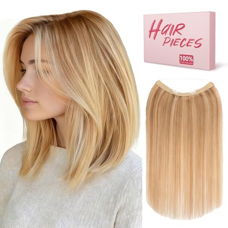 Benehair Halo Hair Extensions Real Human Hair 18 Inch Halo Extensions for Women 100% Human Hair Invisible Wire Hair Extensions Golden Brown Hightlights Bleach Blonde #12P613