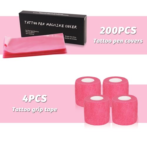 Machine Pen Covers Grip Tape 204Pcs - Combofix 200Pcs Machine Covers and 4Pcs Tattoo Grip Wrap Pink Tattoo Pen Bags Combination Grip Self-Adherent Tape Pen Sleeves Tattoo Supplies