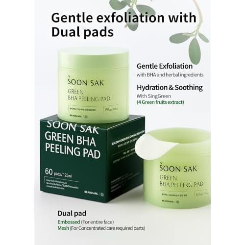 BEAUDIANI Green BHA soon sak peeling pad, 60pads, facial peel, Korean toner pads, exfoliator, pore tightening, soothing & hydrating, skincare pads, chemical peel, fruits extract