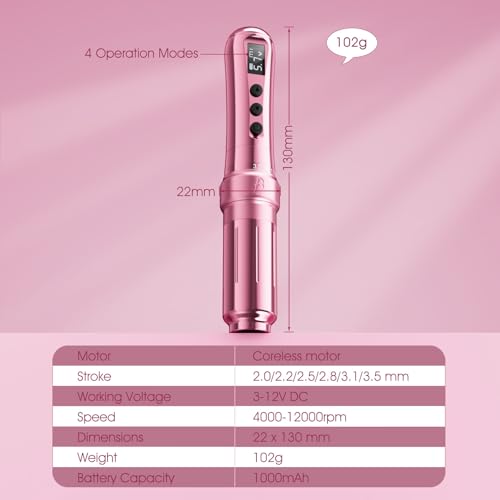 BIOMASER U1 Tattoo Gun,Wireless PMU Tattoo Machine Eyebrows & Lips, Professional Permanent Makeup Machine Rotary Tattoo Pen, Scalp Micropigmentation(Pink)