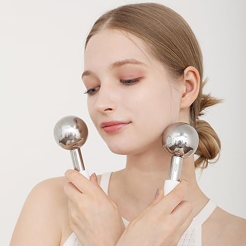 Pfefe 360 Rotating Ice Globes for Face & Eyes, Unbreakable Stainless Steel Cryo Sticks for Beauty Routines, Facials Cold Roller Colling Globes for Puffiness, Wrinkles, Dark Circles, Headaches