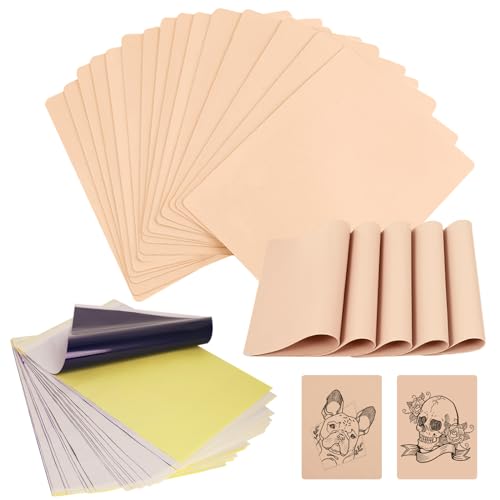 WZPB Tattoo Skin with Transfer Paper - 40Pcs Fake Skin and Stencil Paper Kit Including 20Pcs Double-Sided Practice Skin and 20Pcs Tattoo Transfer Paper for Beginners and Artists