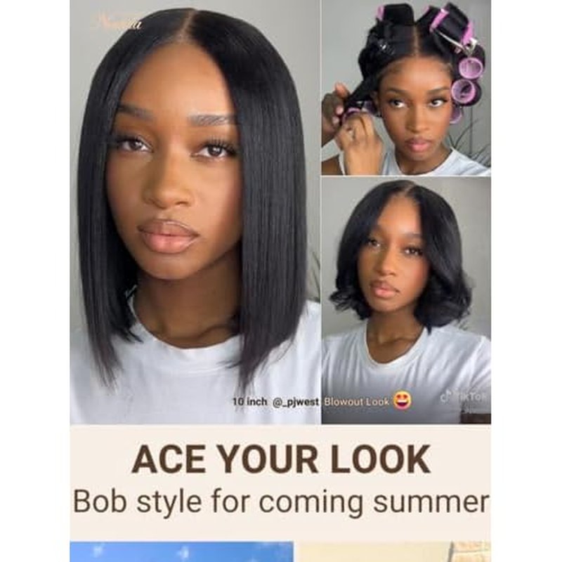 Nadula Bye Bye Knots Yaki Straight Bob Glueless Wig Pre Cut/Plucked/Bleached 7x5 Lace Front Wigs Human Hair Invisible Knots Pre Everything 3S Ready to Go Short Yaki Bob Wigs 150% Density 10inch