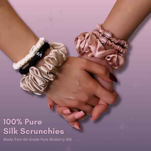 100% Pure 22 Momme Mulberry Silk Scrunchies -Frizz&Breakage Prevention-Hair Care Ponytail Holders for Women- Silk Hair Ties (Black, White, Caramel)