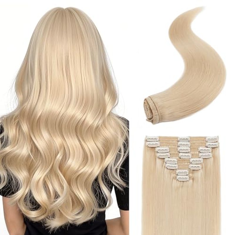 S-noilite Clip in Hair Extensions Real Human Hair 16 Inch Natural Blonde Hair Extensions Remy Human Hair Clip In For Women Natural Straight Clip on Extension Double Weft 8PCS 130g #24