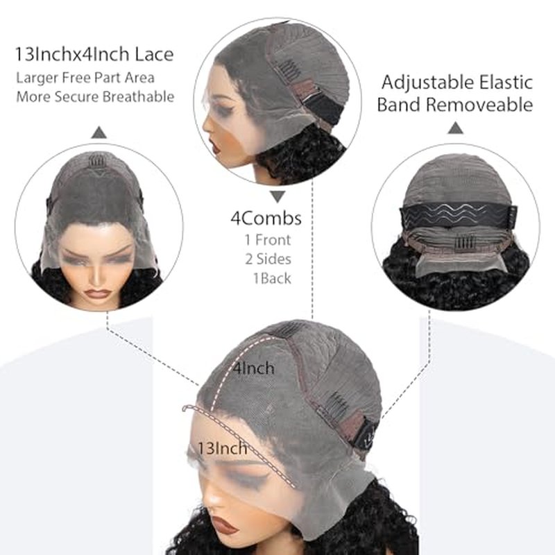 4C Edges Kinky Curly Lace Front Wigs Human Hair 200% Density Deep Wave Curly Wig Pre-Plucked Hairline 13x4 HD Transparent Lace Frontal Wigs With Curly Edges Baby Hair£¨16 Inch Natural Black£©
