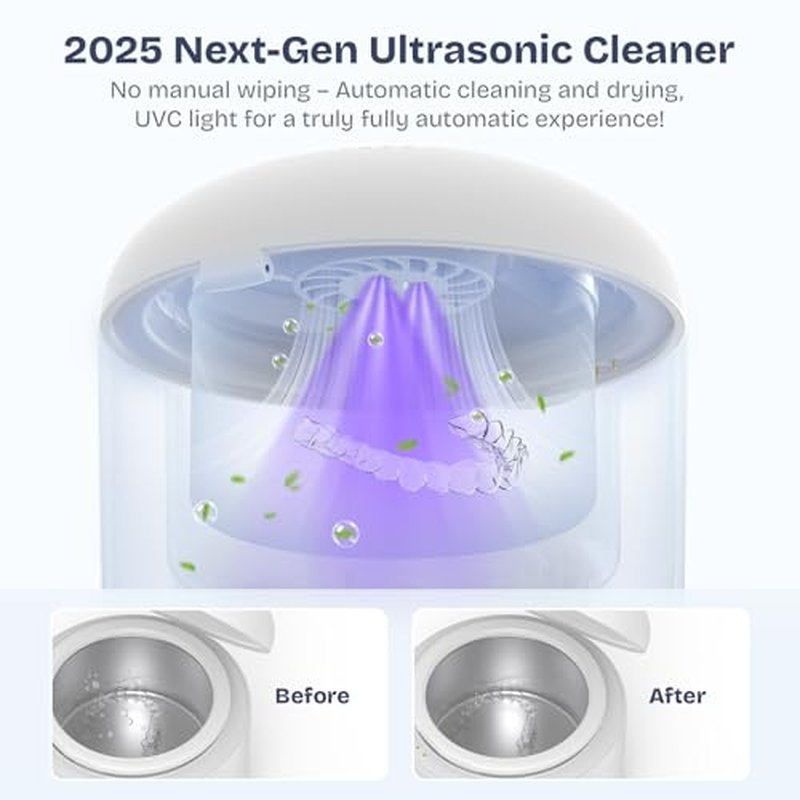 2025 Ultrasonic Retainer Cleaner- 45KHz 25W Portable Denture Cleaner with Drying Function and Removable Inner for Dentures, Mouth Guards, Aligners, Jewelry and More