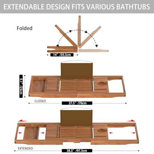 Premium Teak Bathtub Tray Caddy, Expandable Wooden Bath Tray for Tub,Luxury Bathroom Accessories,Great House Warming, Anniversary & Wedding and Birthday Gifts