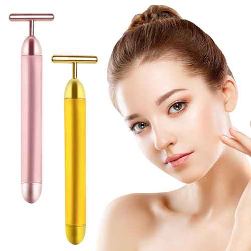 2 Pack T Shape Face Massager Beauty Bar Golden & Pink Facial Massager, Portable Electric Vibration Face Neck Body Massager for Firming Lifting Anti Aging Skin Tightening Wrinkle Reducing