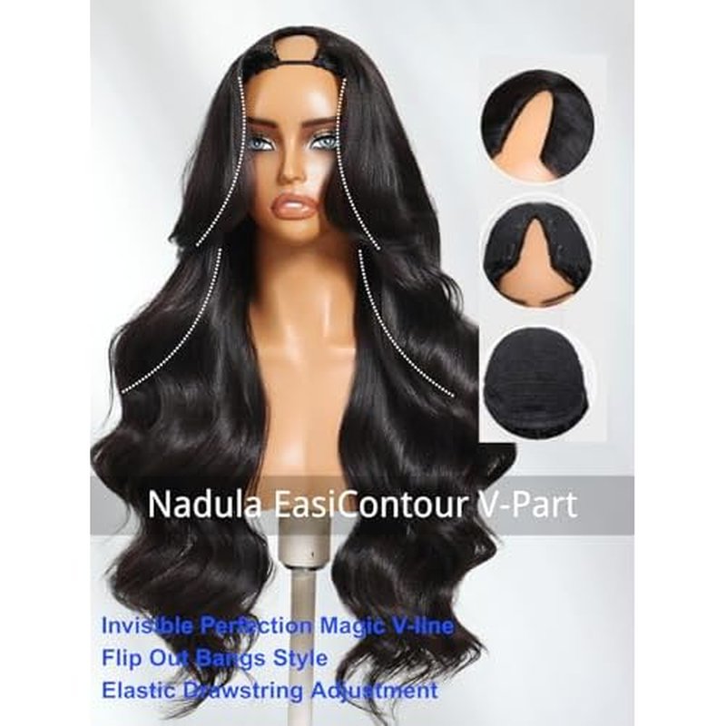 Nadula Yaki Wavy V Part Drawstring Wig Human hair with Blow Out Bangs, Glueless EasiContour Vpart Wigs No Leave Out Beginner Friendly Clip In V Shape Wigs Upgrade Wavy U Part Wig 150% Density 16inch