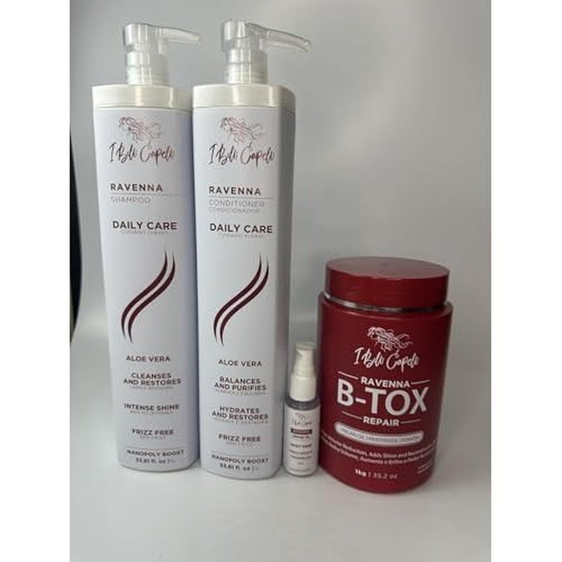 I Belli Capelli Ravenna Hair Straightening Kit ? Repair Hair B-tox, Aloe Vera Shampoo & Conditioner, Repair Oil ? Intense Hydration, Shine ? Formaldehyde-Free ? For All Hair Types (4-Pack)