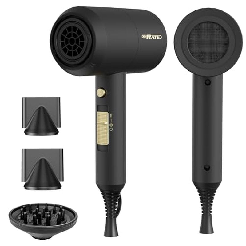 SHRATE Lightweight Ionic Hair Dryer with Diffuser - Powerful 1800W Blow Dryer for Fast Drying - Professional Low Noise Mini Hair Dryer for Travel, Gifts, Hair Styling (Black)