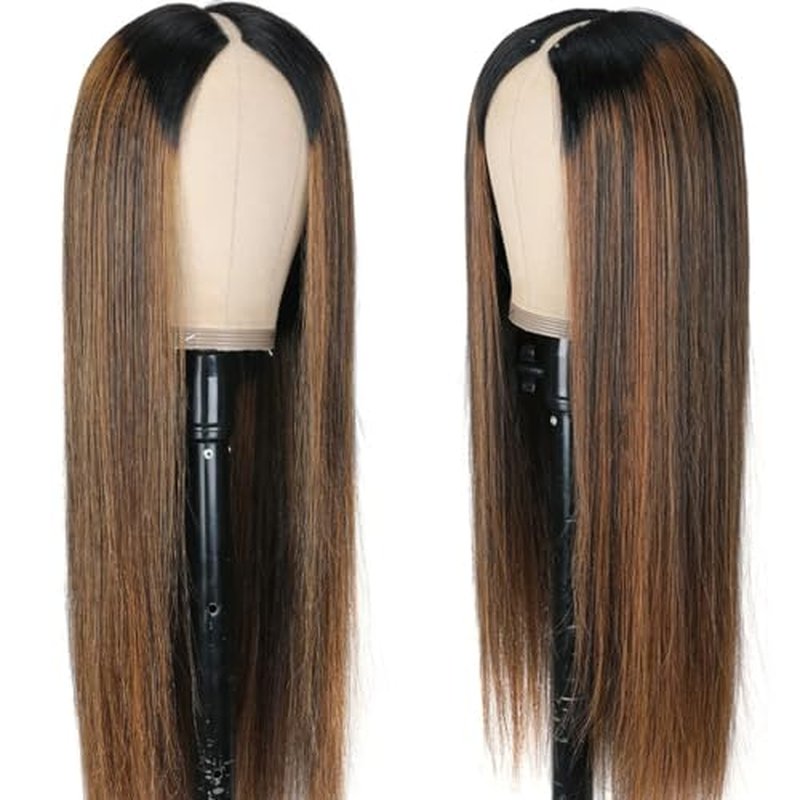 Highlight Ombre V Part Wigs Human Hair Straight Brazilian Virgin Human Hair Wigs Balayage Blonde Upgrade U Part Wigs 180% Density Glueless Full Head Clip In Half Wig 18inch #FB30