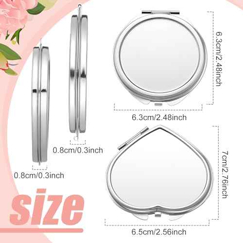 Jetec 6 Pcs Sublimation Blanks Products Small Compact Mirror Bulk Heat Transfer Folding Pocket Makeup Mirror Heart Round Double Sided Handheld Mirror Sublimation Mirror for Women Gift Purse Travel