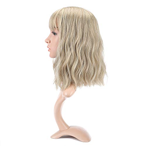 VCKOVCKO Natural Blonde Wigs With Air Bangs for Women Women's Shoulder Length Curly Wavy Synthetic blonde wig with bang Wigs Blonde Wig for White Women Girls (12", Mix Blonde)