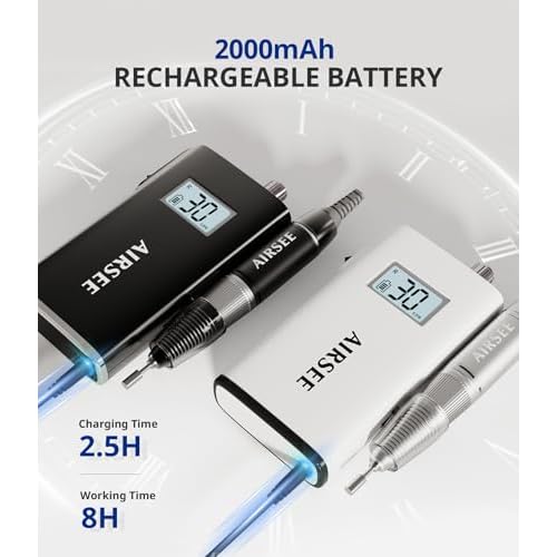 AIRSEE Rechargeable 30000RPM Electric Nail Drill Professional Portable E File Machine for Acrylic Nail Natural Extension Gel Nails Polish Cuticle, Cordless High Speed for Salon Home Use E8 White