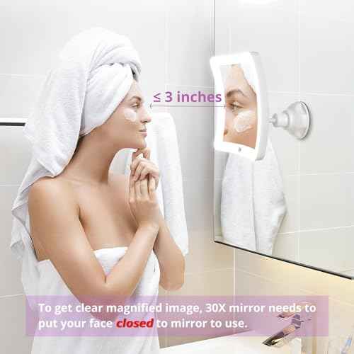 Fabuday 30X Lighted Magnifying Mirror with Lights - Makeup Mirrors with Suction Cups and Magnification for Bathrooom, Dual Power Supply, Adjustable Lighting, Light Up Magnified Mirror Square